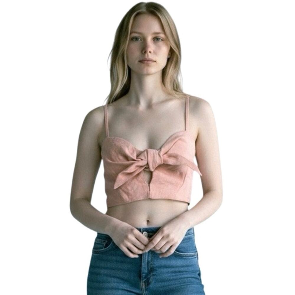 FAITHFULL THE BRAND Women’s Linen Pink Tie Front Cropped Tank Top